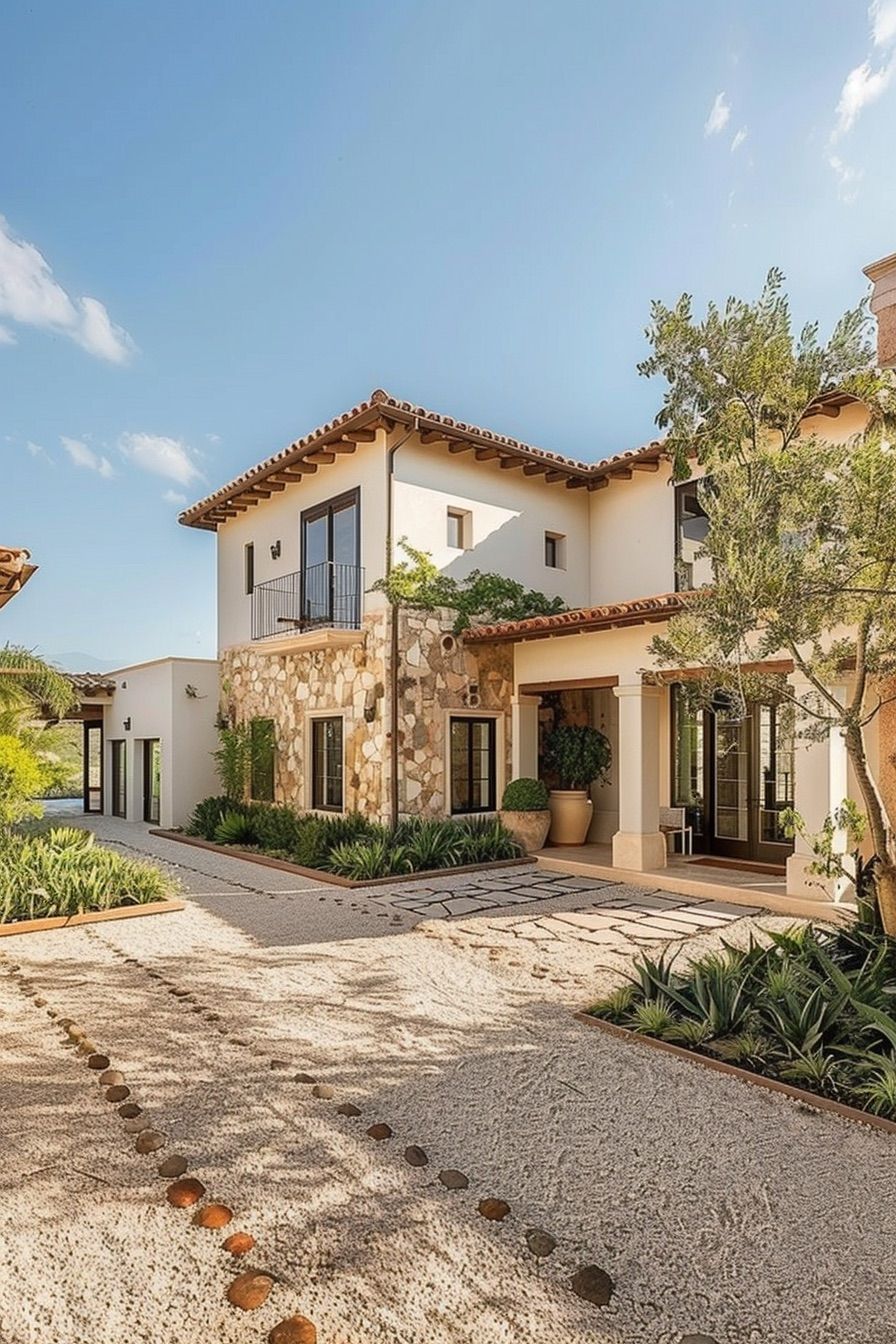 mediterranean house courtyard with gravel
