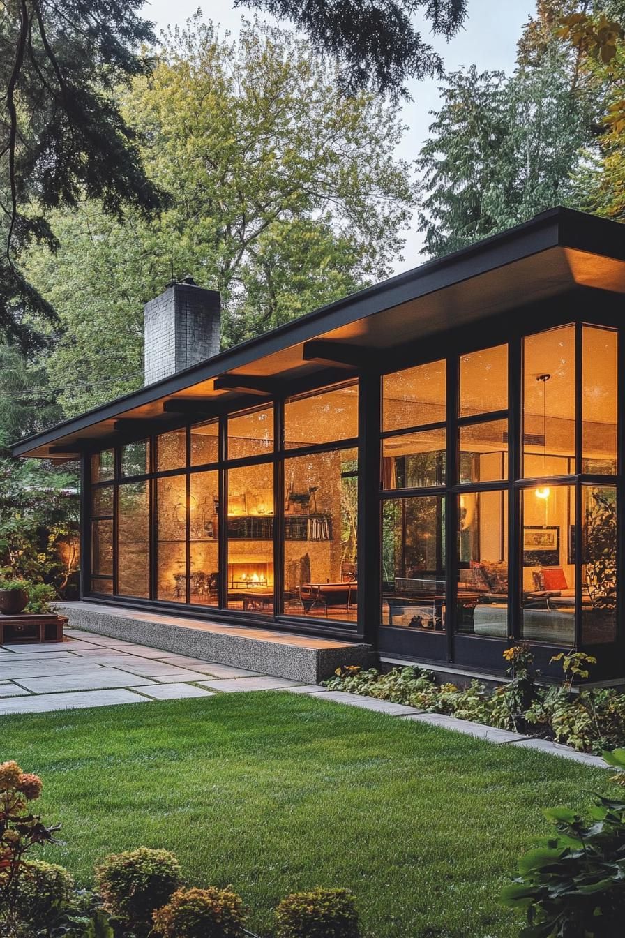 mid century modern 1950s style house with large glass windows