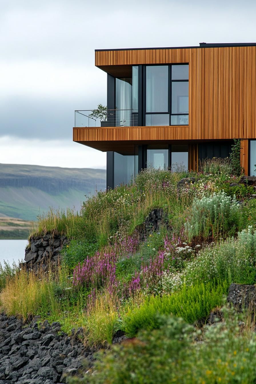 modern house with timber cladding and vertical wall gardens on a steep hill overlooking an Icelandic lake 3