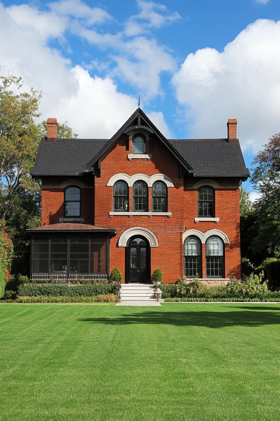 traditional red brick house with lawn
