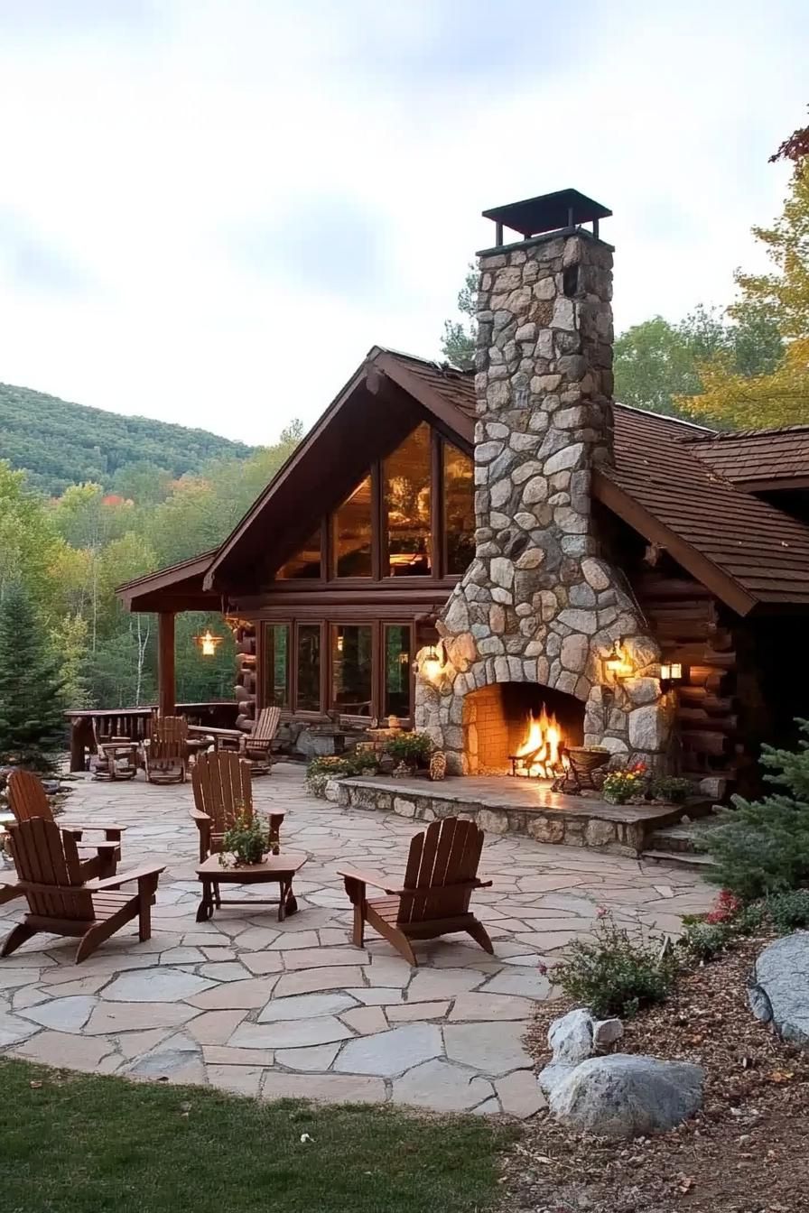 log cabin with outdoor fireplace stone paved patio with adirondack chairs imposting mountain in the background 2