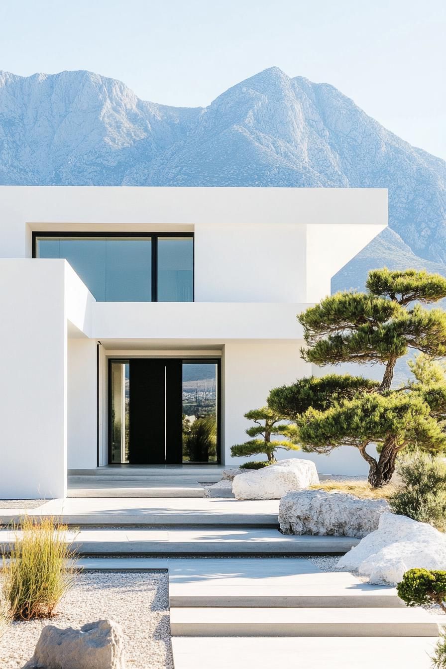 modern white concrete house facade with bamboo accents front yard with bonsai tree garden mountains in the background 2