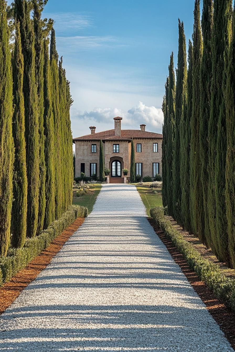 cypress lined driveway leading to a hilltop Tuscan modern manor 2