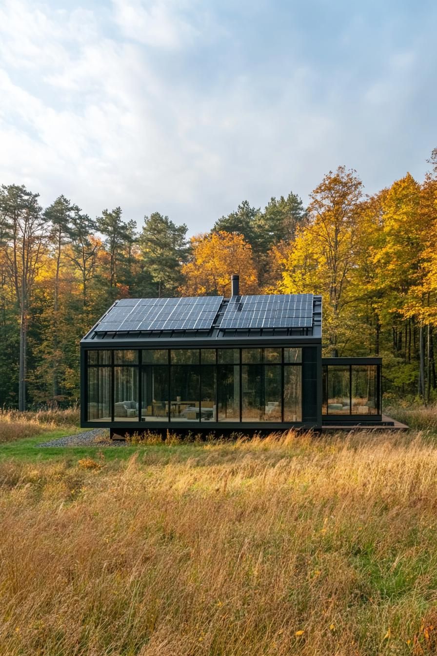 modern forest house glass cube facade with solar panels in a large plain field by a forest 2