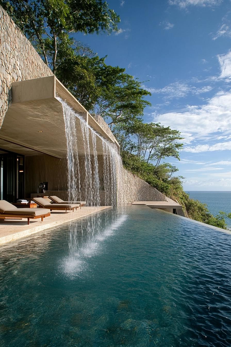 earth sheltered modern house facade built into hillside with pool with cascading waterfall overlooking a beatiful ocean