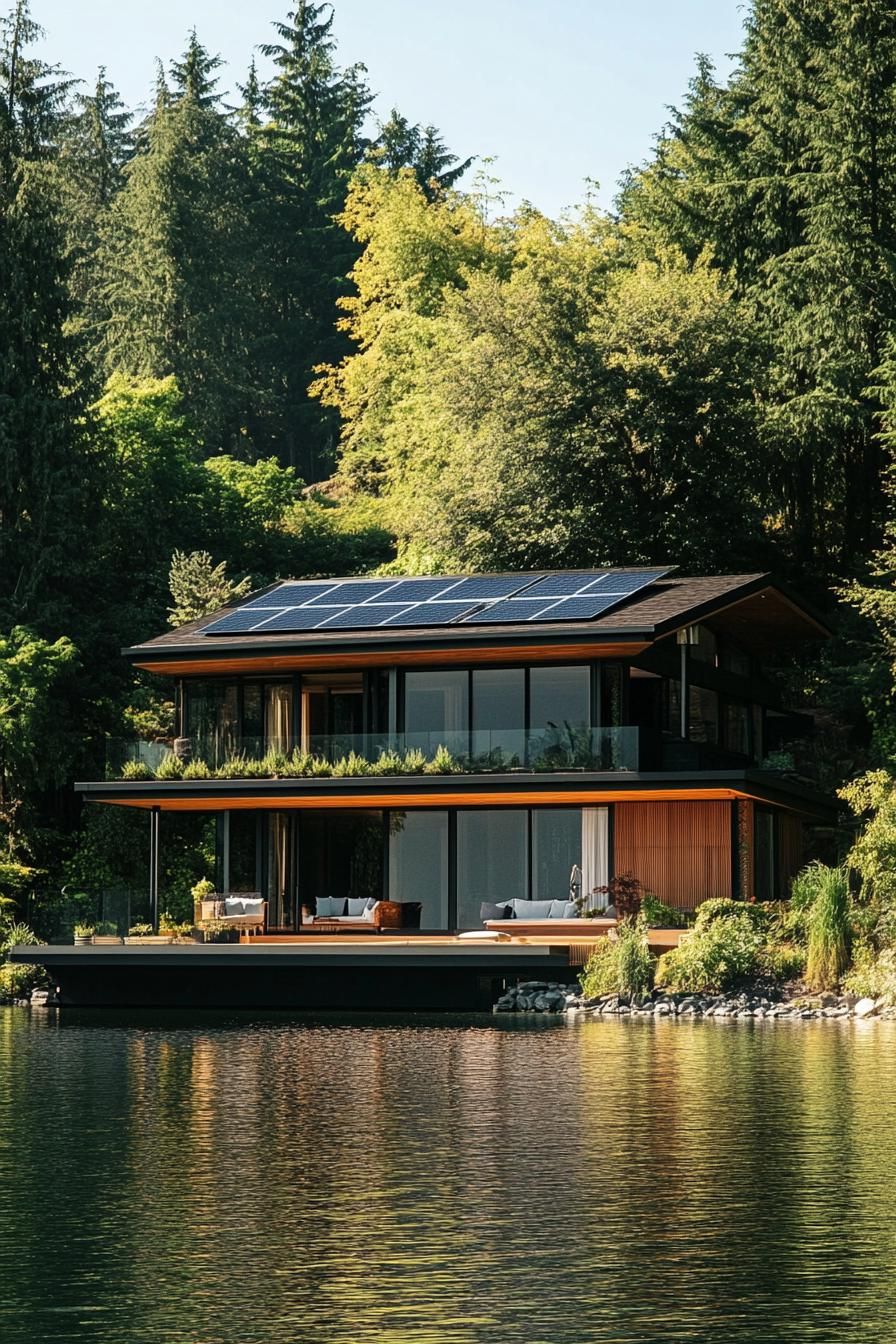 modern house with solar roof tiles on a hill by a lake with lush trees 3
