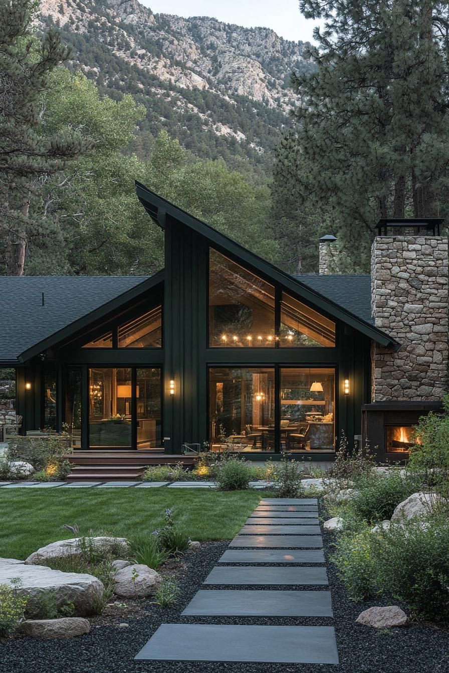 modern mountain cabin with dark stone foundation and chimney deep dark green siding sloped dark roof dark mulch yard with geometric paver pathway 2