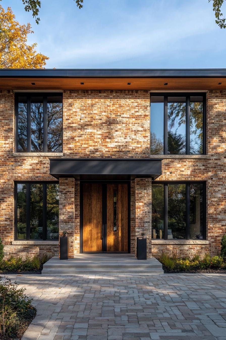 mid century modern and antique style house brick facade with antique stonework accents 2