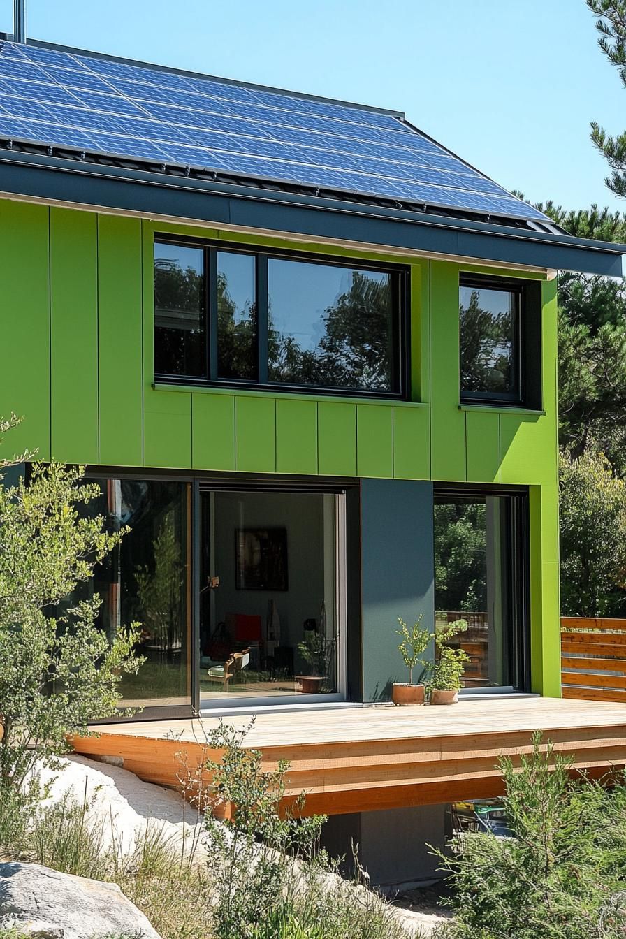 modern house with green color facade with solar panel roof 2