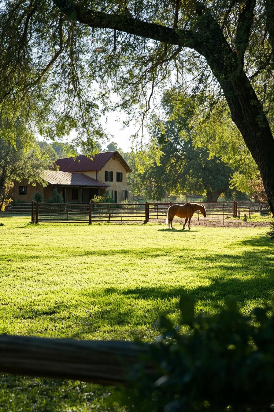 revived 1850s ranch green yard with horses up close