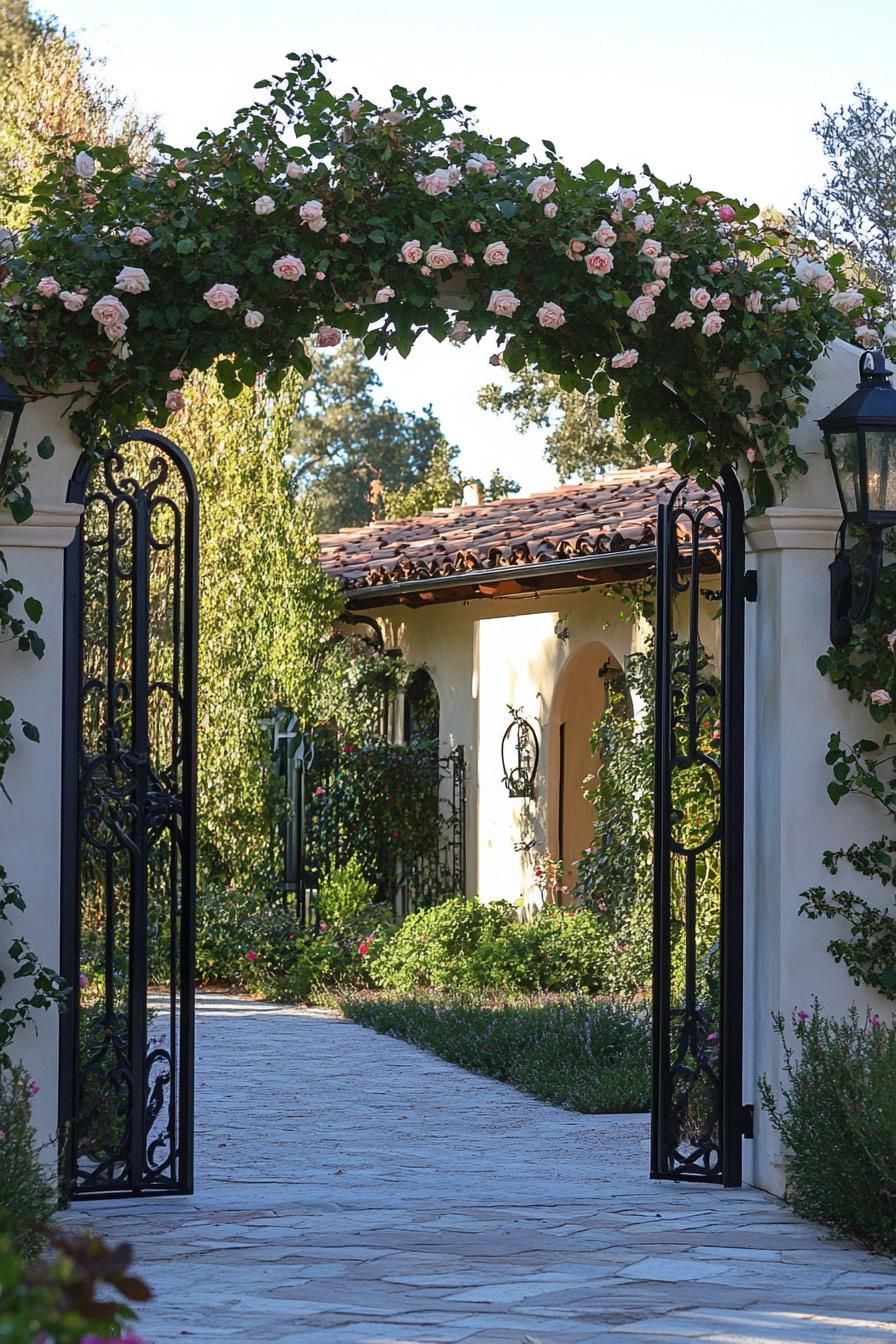 modern Tuscan mediterranean house gated yard entry with vintage lanterns wrought iron arch with climber roses 3