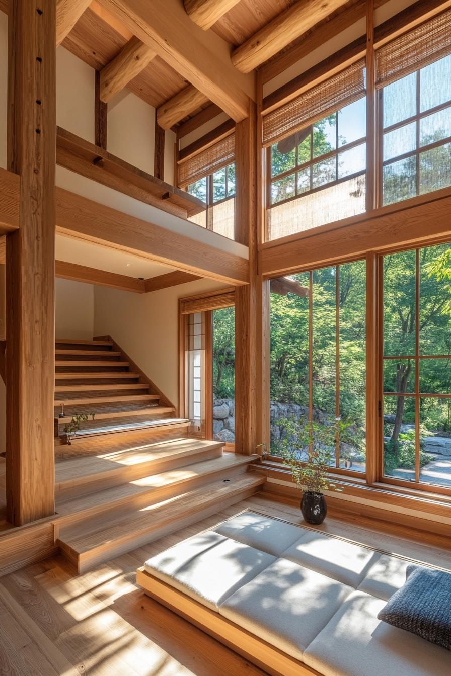 modern unique japanese style zen home with wooden beams and natural wood interior 2