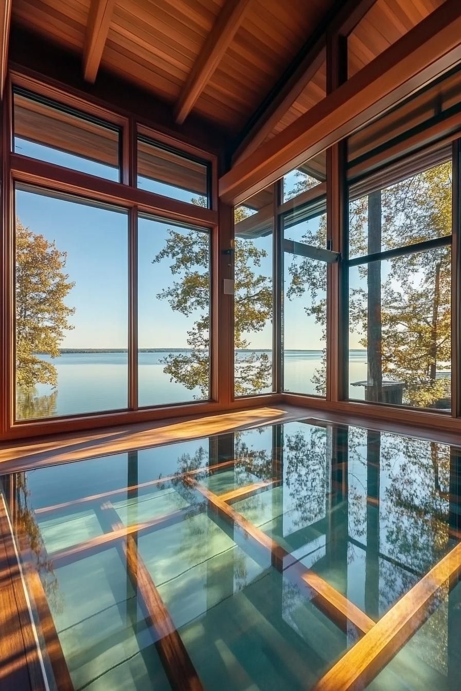lake house interior with translucent glass floor showing lake bottom large windows show stunning lake views 3