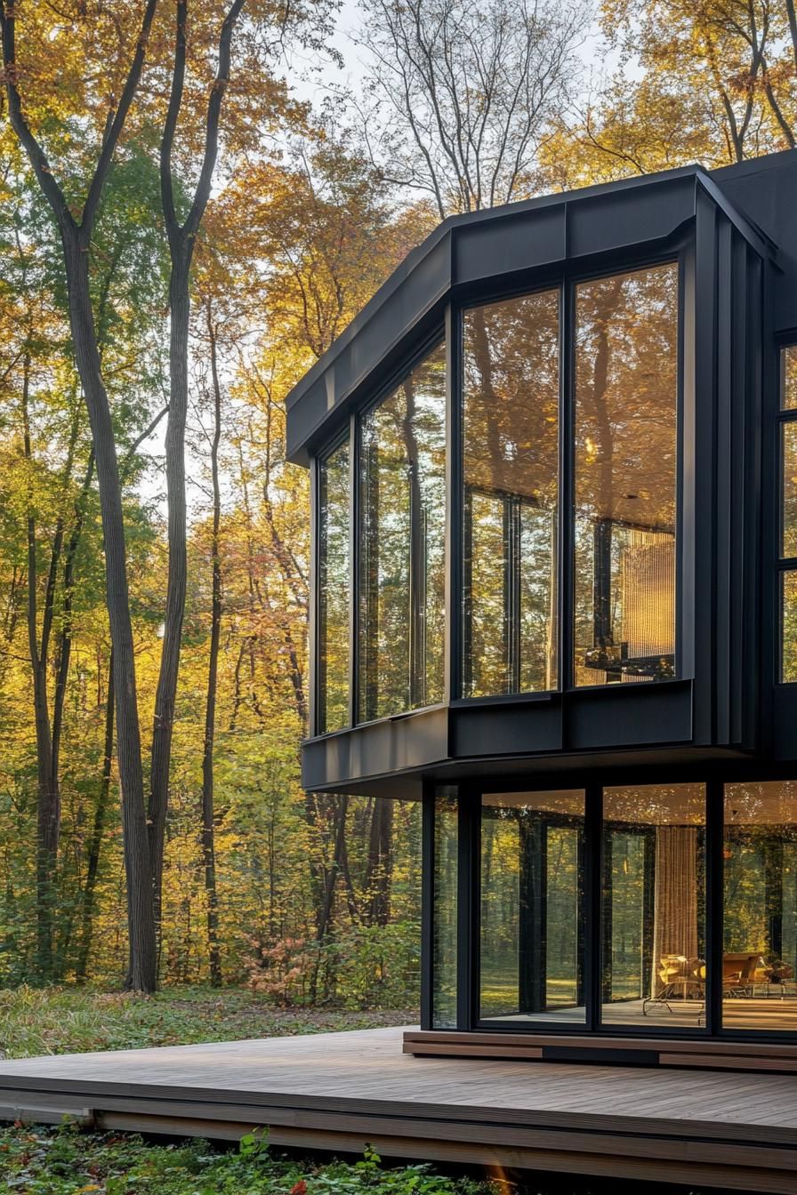 modern forest house hexagonal facade with panoramic windows with views over forest lake