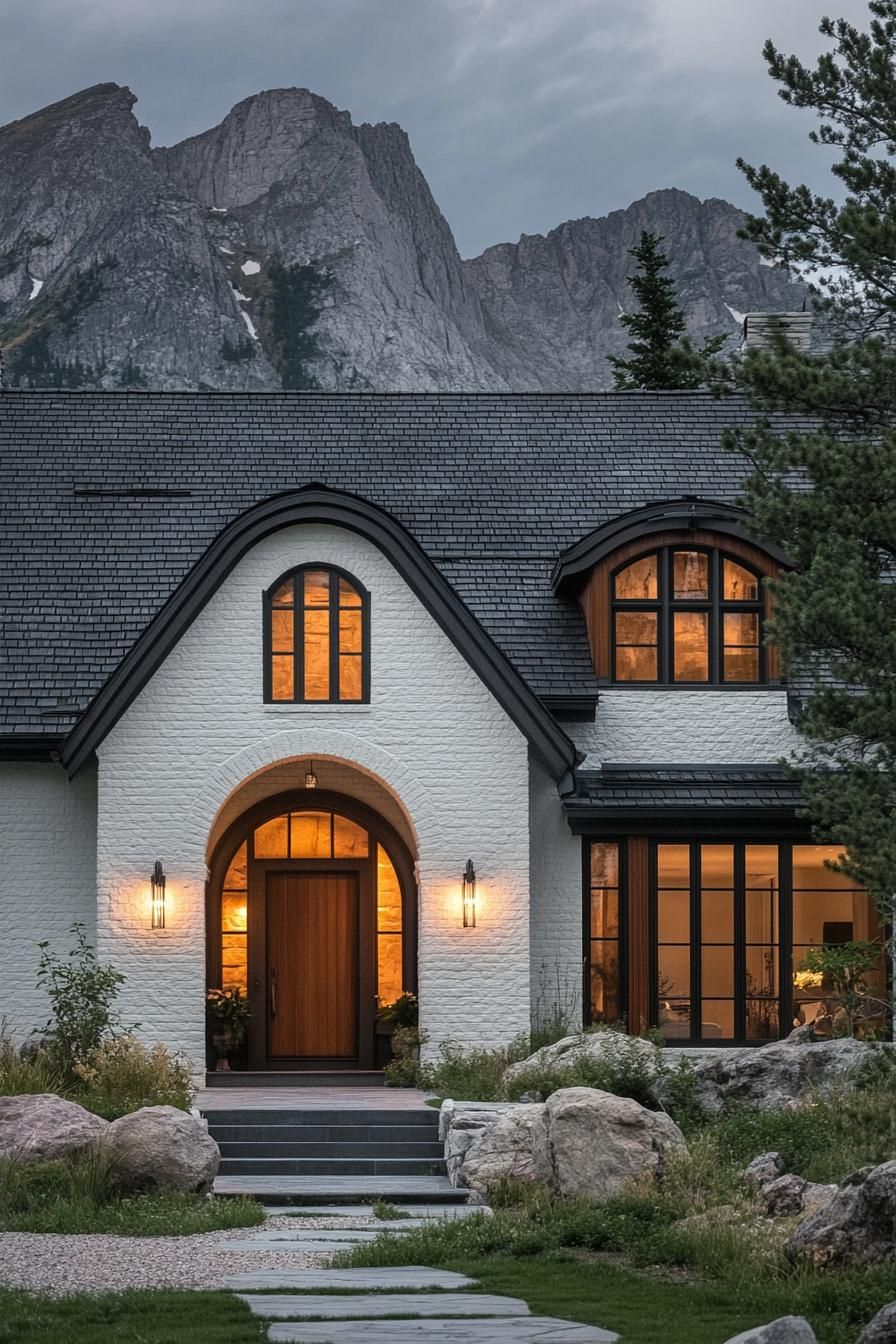 modern cottage style mountain home with white brick facade modern brown wooden trim windows and door arched entryway black shingle roof imposing 4