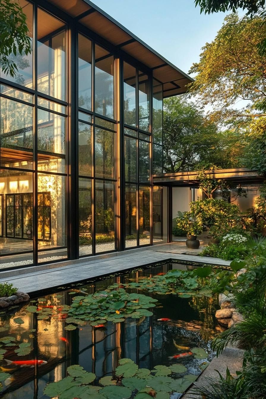 modern glass enclosed house facade facing lush zen garden with koi pond 3