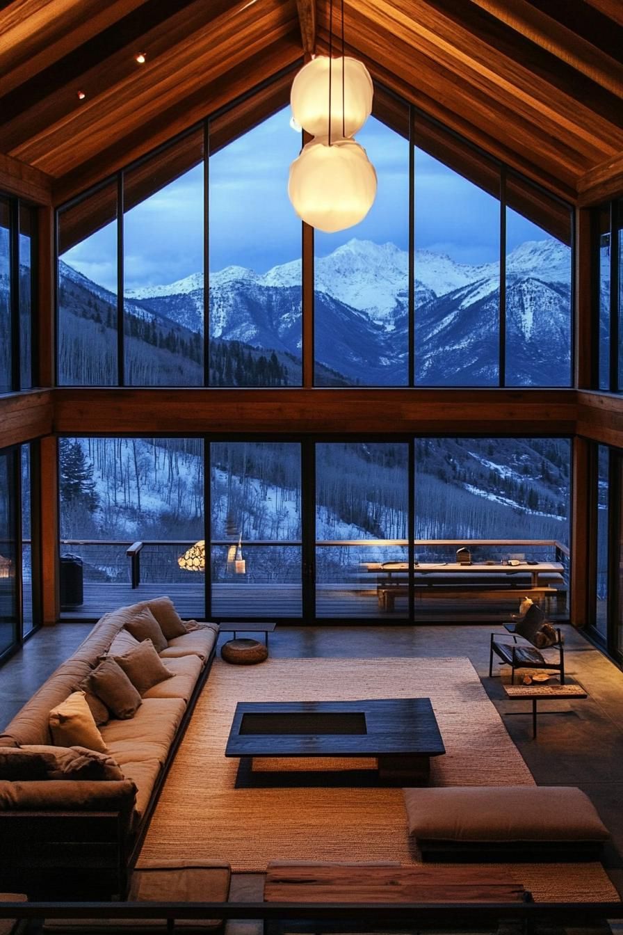 modern barn style house with lofted living space large windows overlooking stunning mountains 3