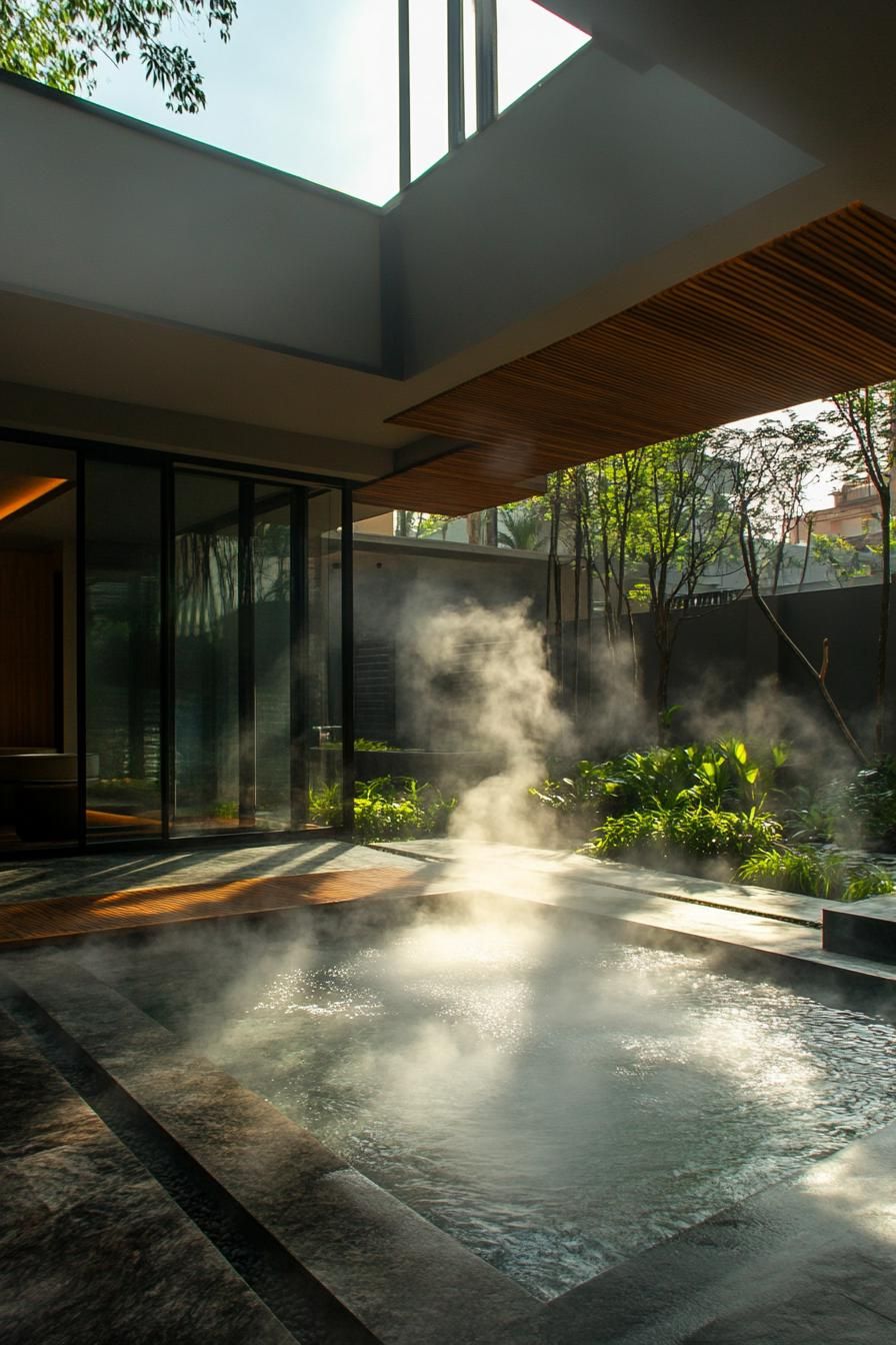 modern house inner courtyard with steaming thermal water pool and garden