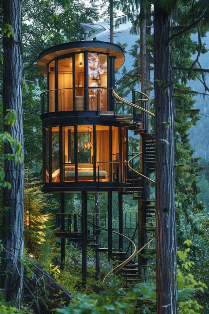 round cabin treetop stairs