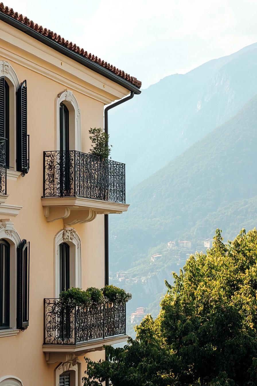 modern Italian mediterranean house facade with iron balconies Italian mountains in the background 2