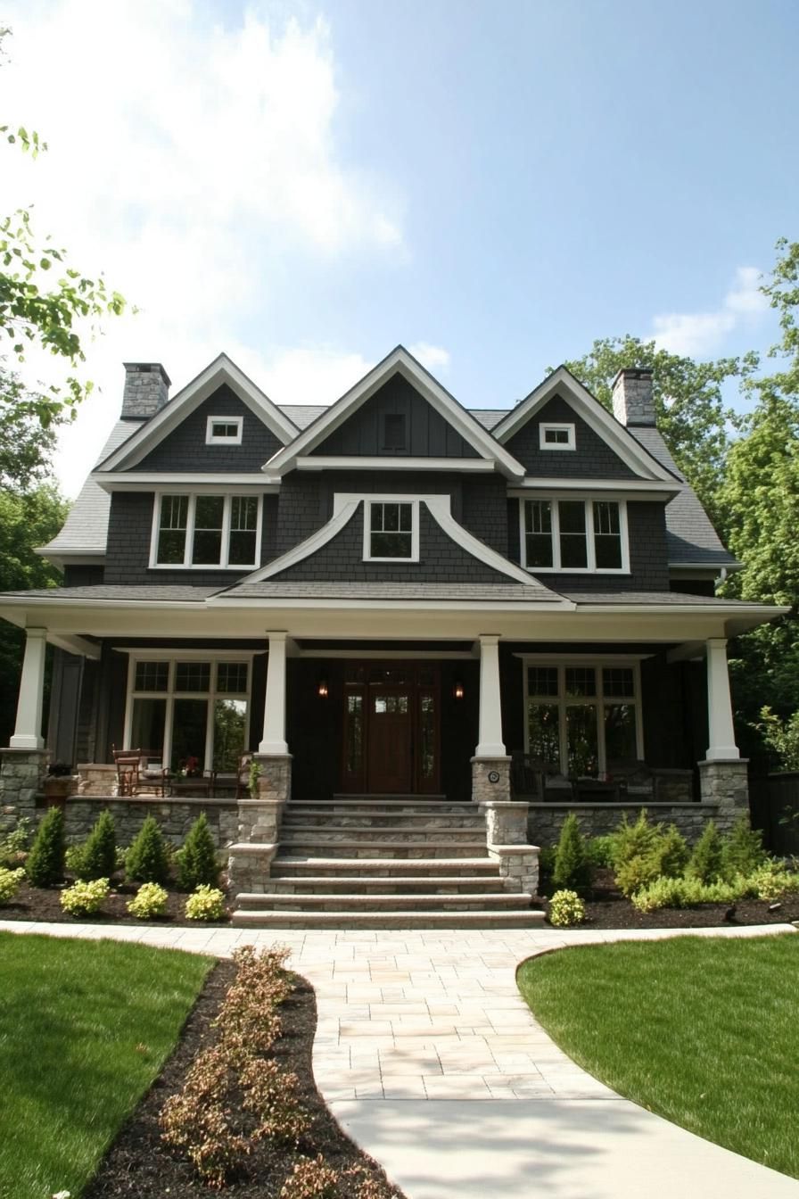 modern craftsman style house with grey siding double pitch roof with white trim and multiple dormers porch with columns and stone foundations 3