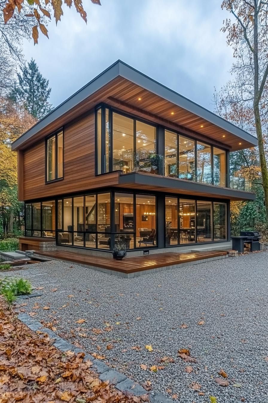modern wood house facade of vertival cedar planks and large glass windows large gravel frontyard