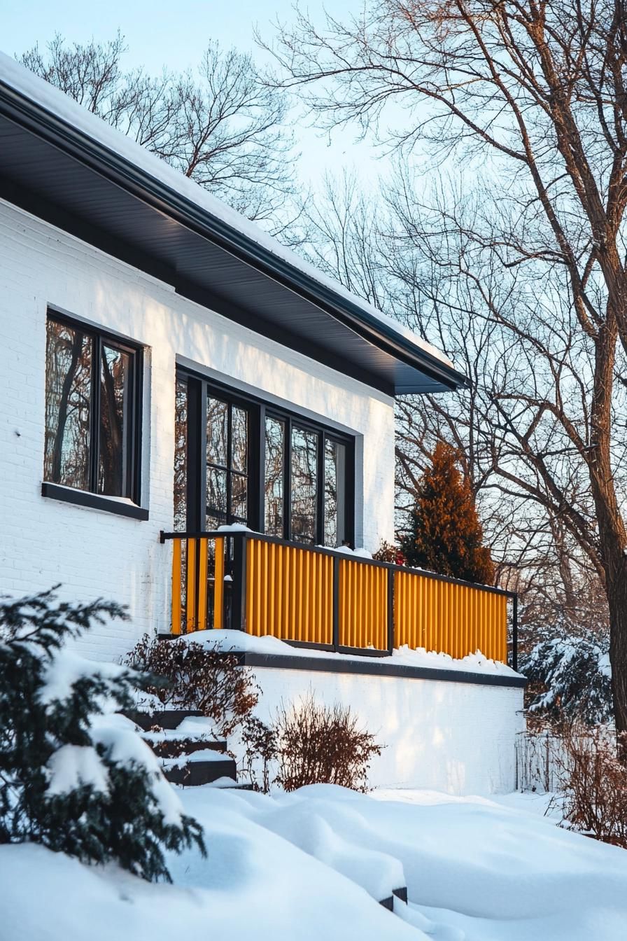 80s house exterior makeover facade white with black trim yellow balkony railings front yard with trees in suburbs winter 3