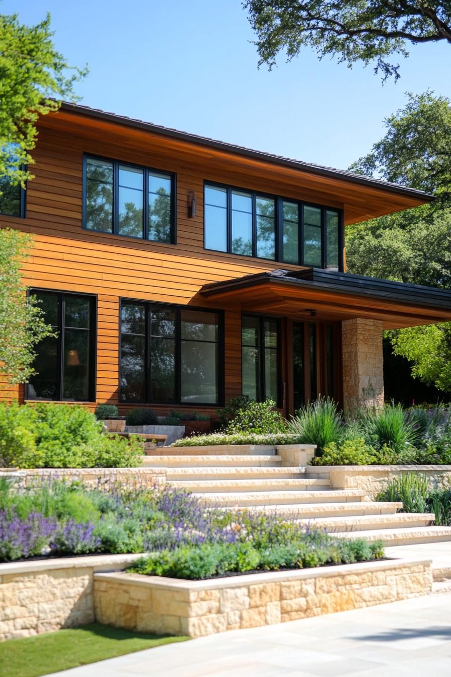 modern house with natural cedar shiplap exterior and stone foundation mediterranean front garden 2