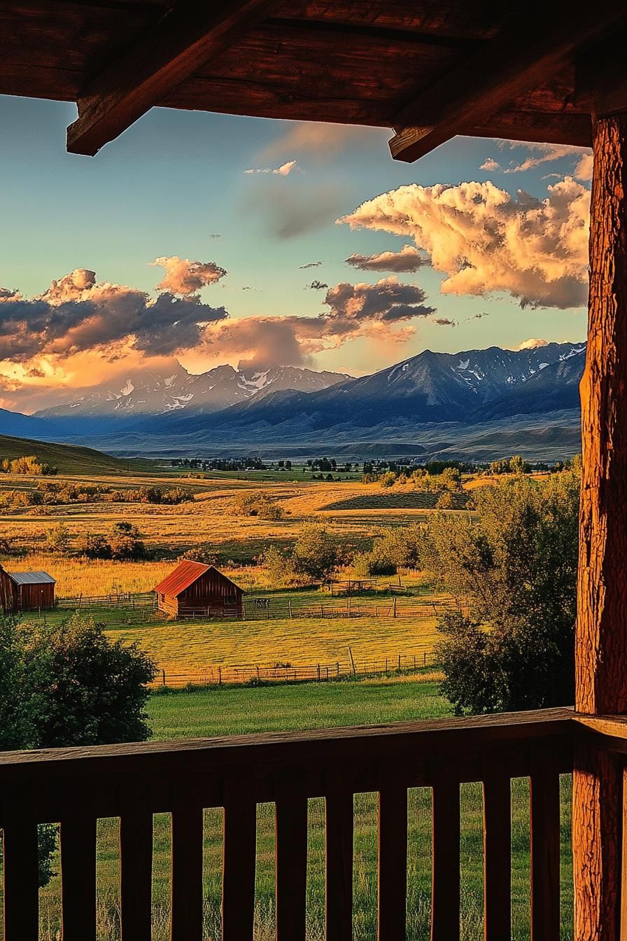view from rustic ranch house porch fields visible small barn building dramatic mountains in sunset clouds in backdrop 3