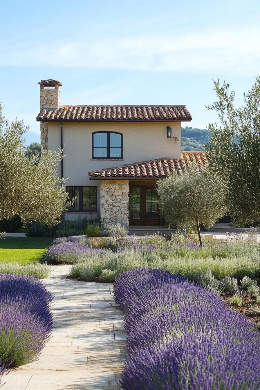 modern Italian mediterranean house frontyard veggie garden with lavender lining and olive trees