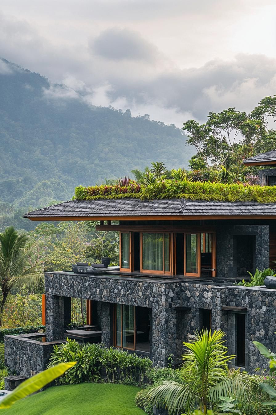 modern stone and timber house with roof garden in tropical Bali mountain landscape