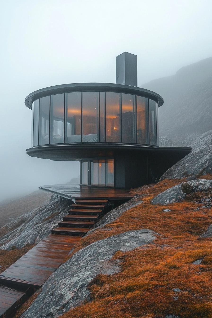 futuristic glass and metal yurt house in misty Nordic mountains 2