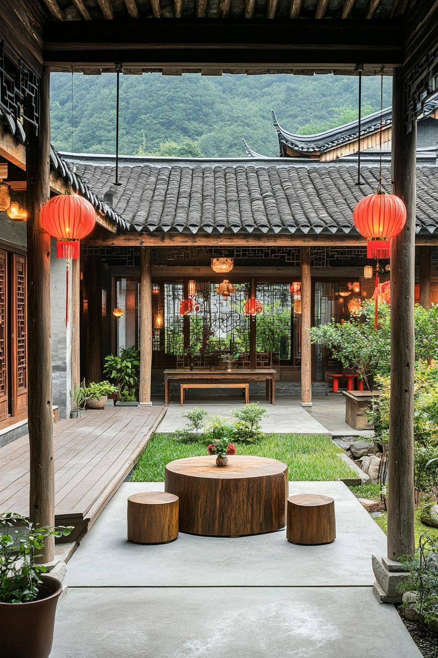 chinese house inner courtyard with concrete decks and a patch of ground in the middle with grass potted plants around the deck columns with red 2