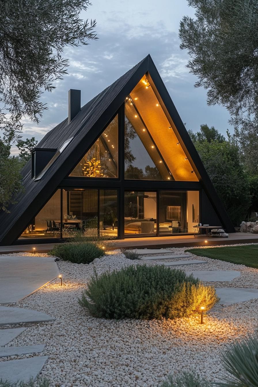 modern black a frame cabin with full glass walls skylights large eaves with LED lighting gravel yard with shrubs and concrete path 3