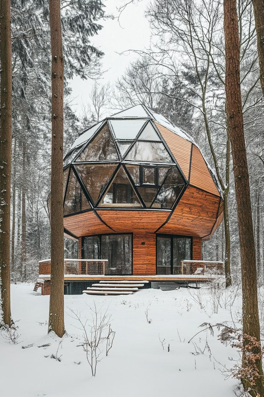 modern forest house geodesic facade with wood paneling winter forest 3