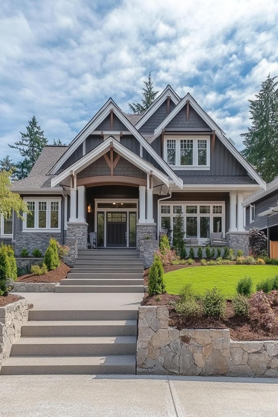 modern craftsman style house with grey siding double pitch roof with white trim and multiple dormers porch with columns and stone foundations 2
