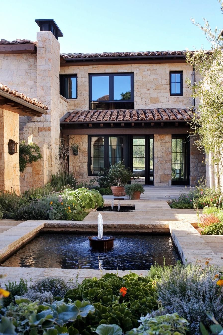 modern Tuscan mediterranean house modern inner courtyard garden with ventral fountain 3