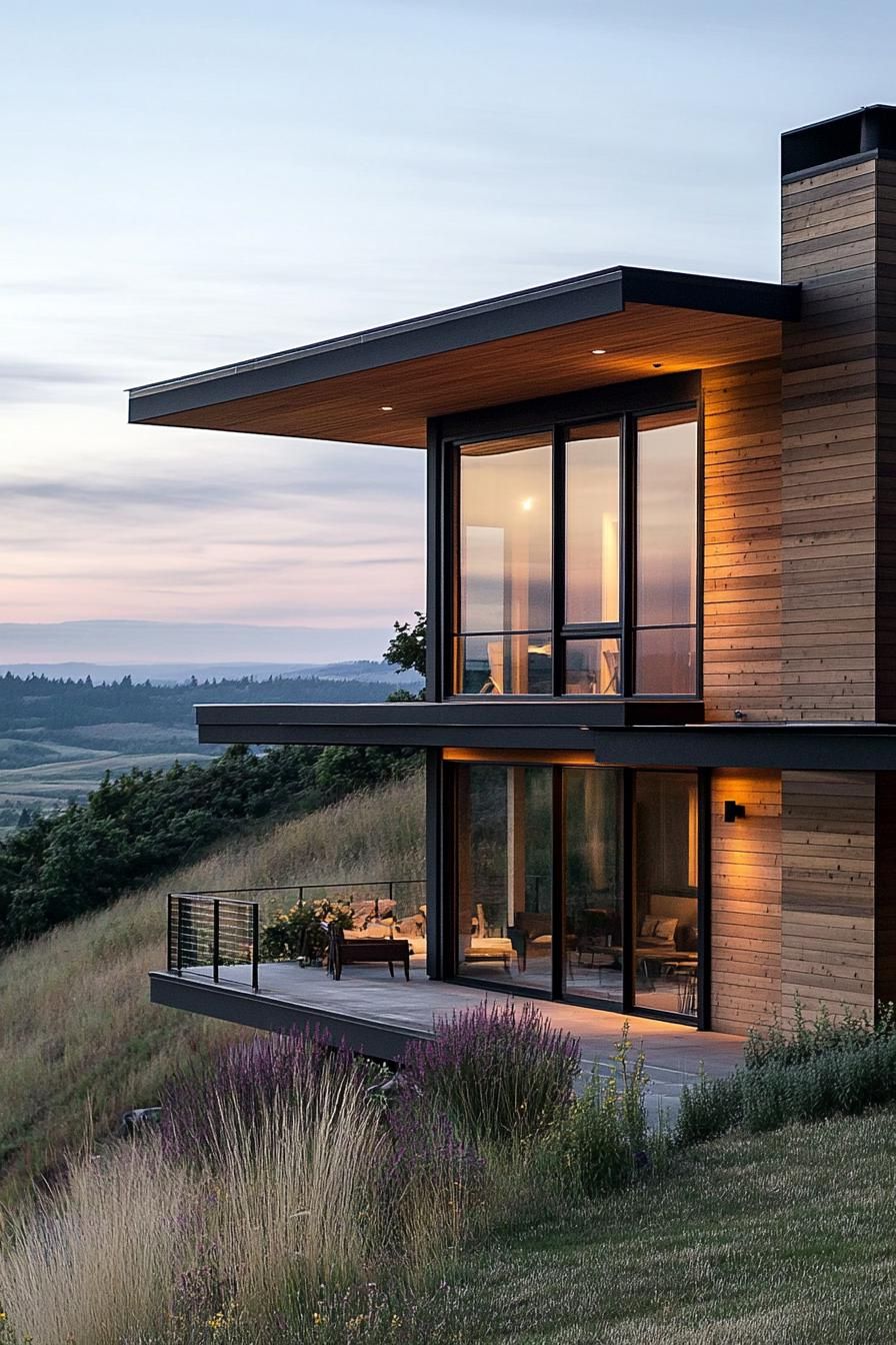 modern house with staggered layout cedar shiplap exterior hilly landscape 2