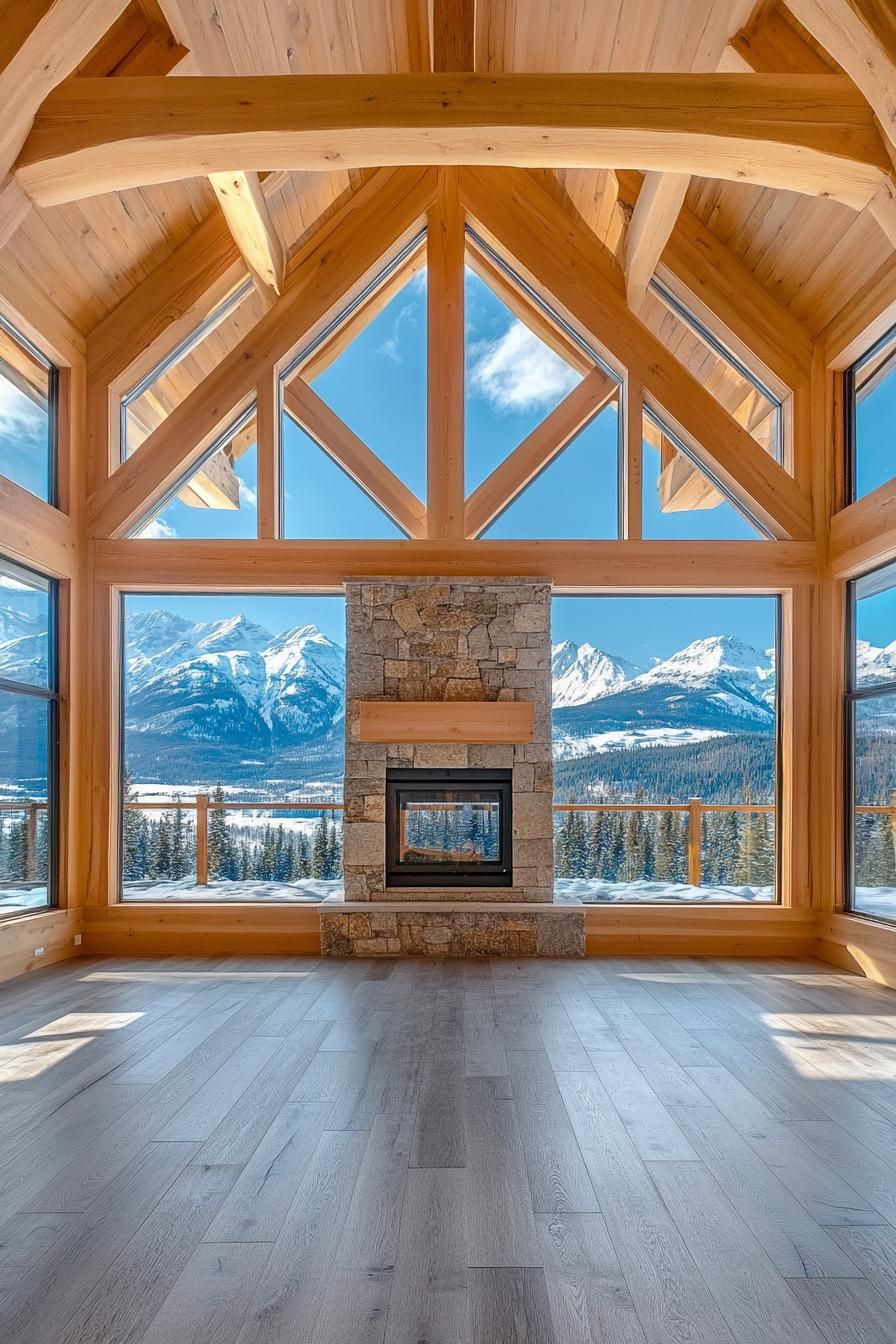Timber Frame Home With a Central Stone Fireplace and Open-plan Design