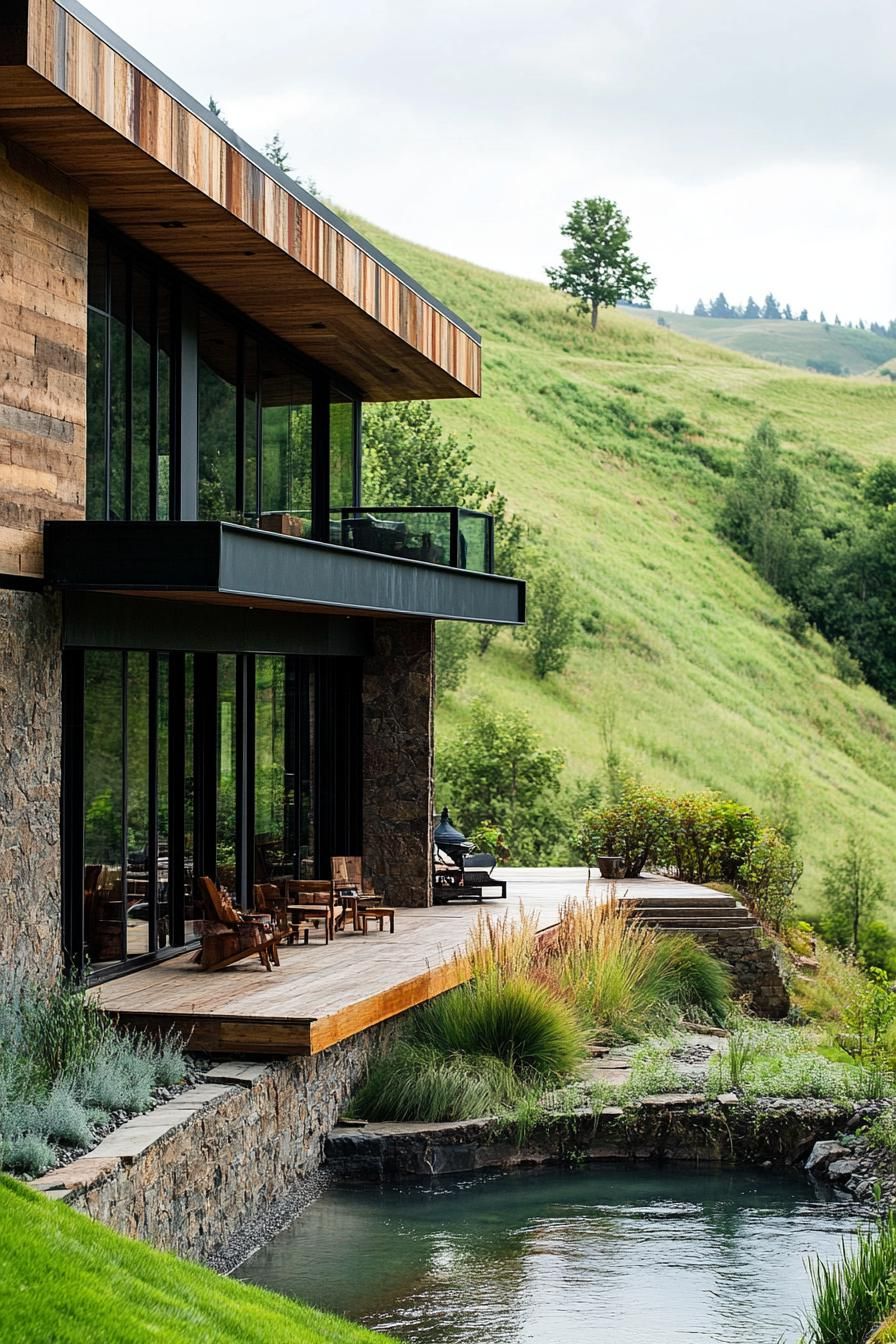 earth sheltered modern house facade built into hillside with reclaimed wood and metal accents overlooking a river down the hill 2
