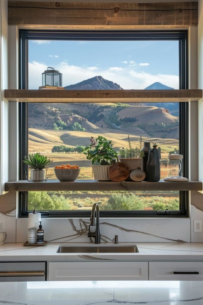 mountain kitchen window with shelves