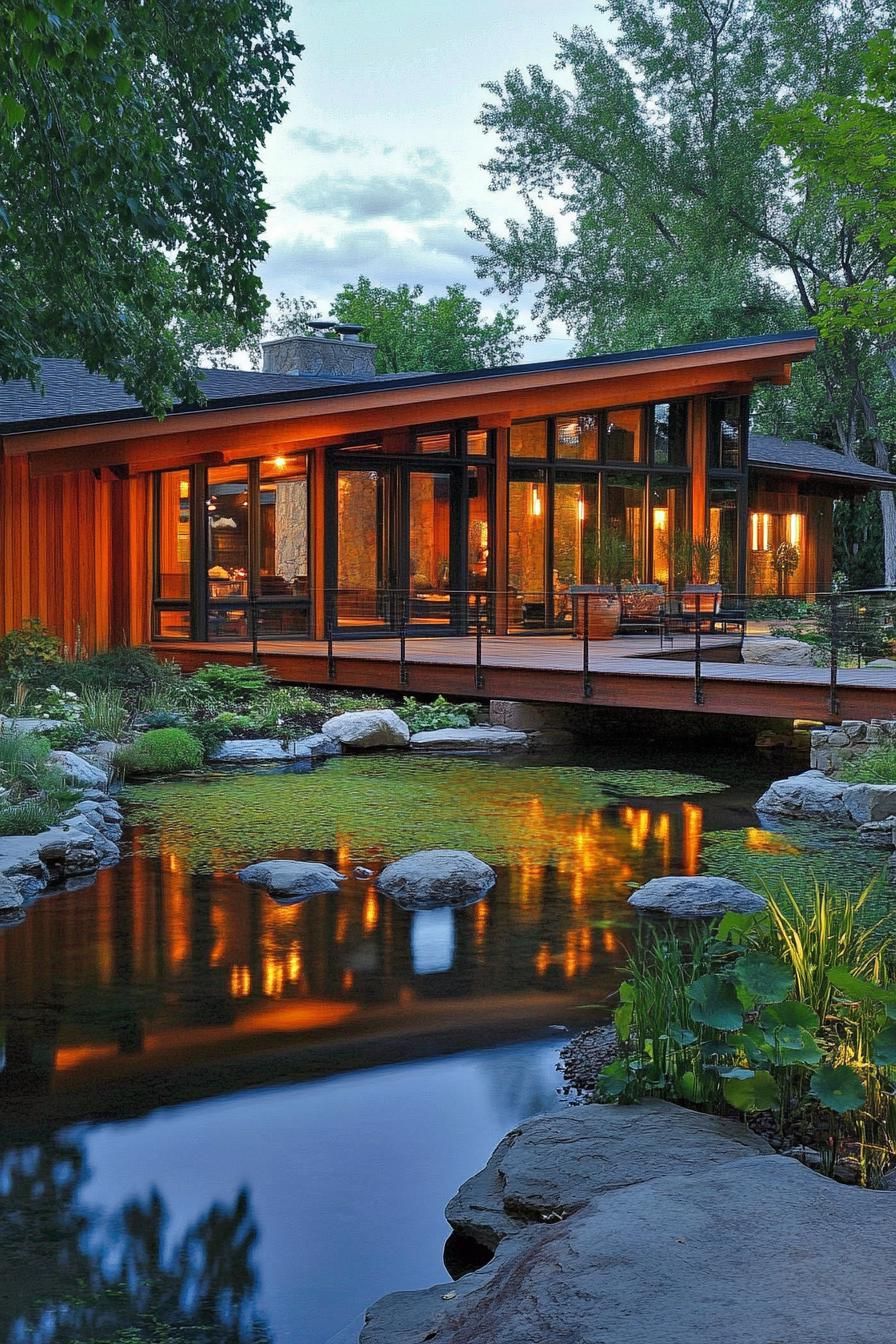modern ranch house with rustic siding with bridge style atrium over a pond 1