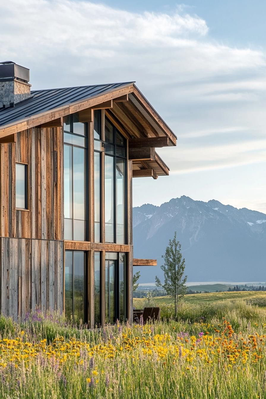 modern timber frame house reclaimed wood facade with expansive windows impressive range of mountains in the distance 3