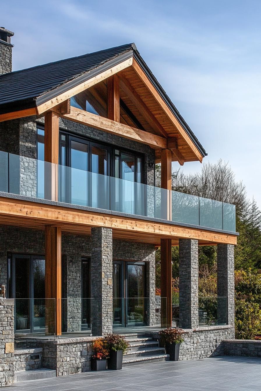 Timber Frame With Stone Pillars and Glass Balustrades