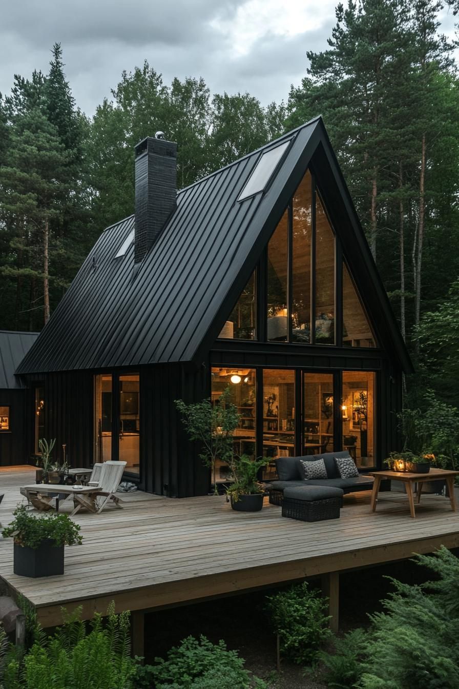 modern black a frame house with black board and batten siding black metal roof with chimney a gambrel with window on the roof side large glass