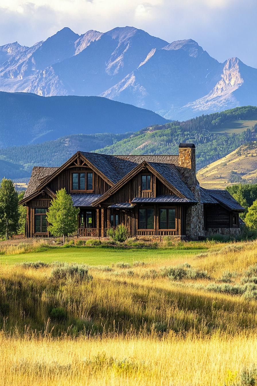 ranch house in rustic siding multi pitched roof landscape with grass and small pines Colorado mountains in the background 1