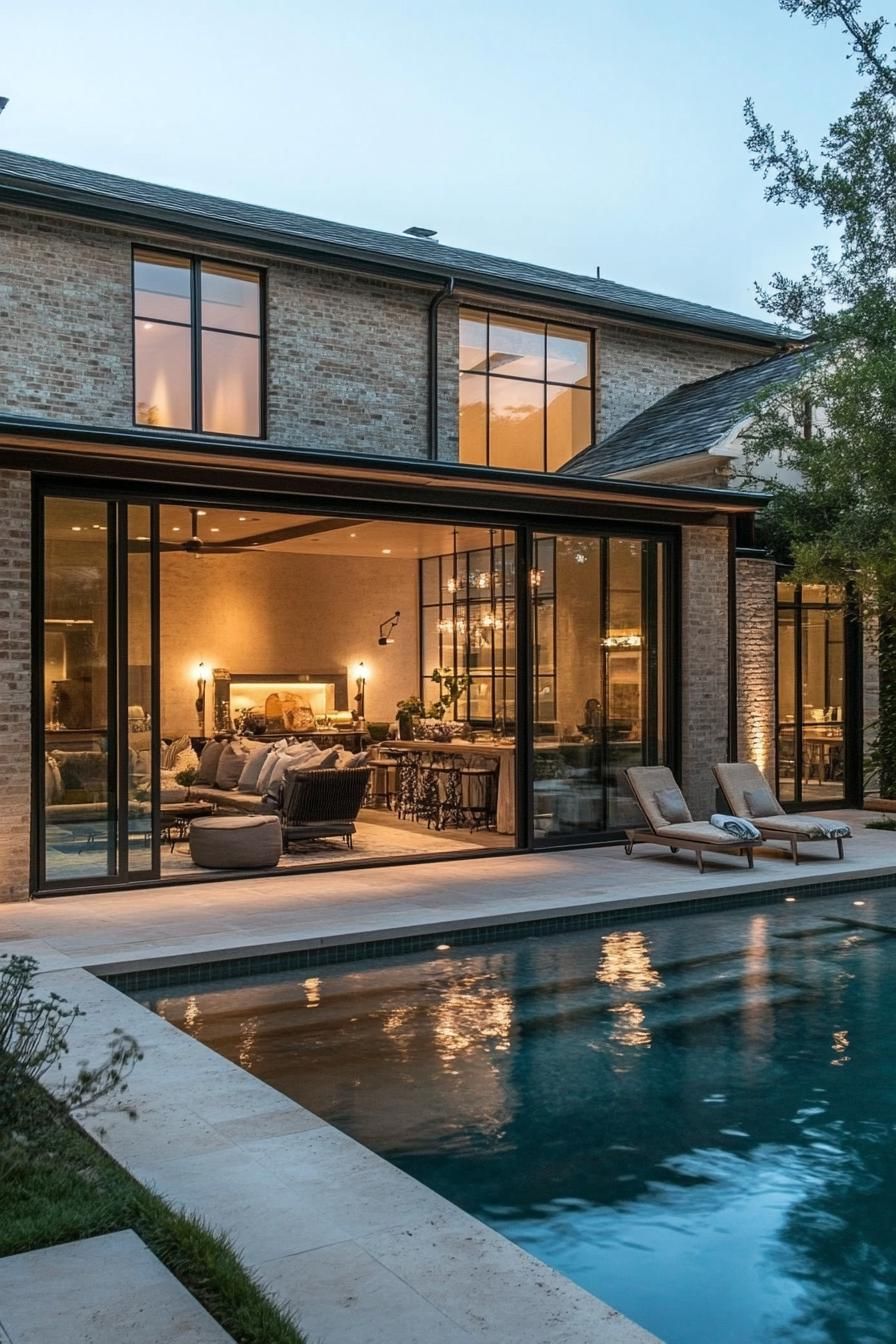 luxury modern house courtyard with outdoor pool connected inside with large glass doors