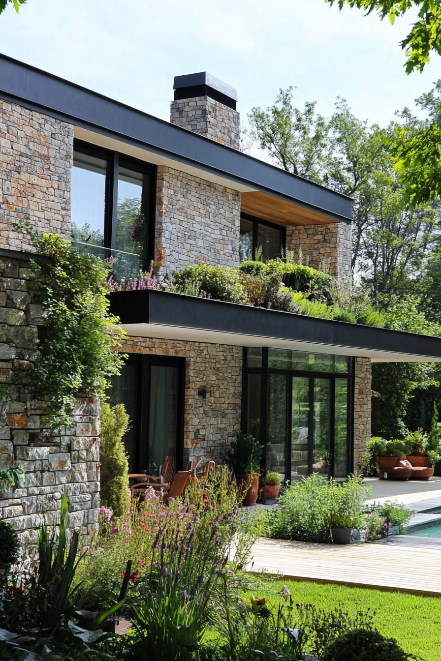 modern French house stone cladding with lush garden walls 2