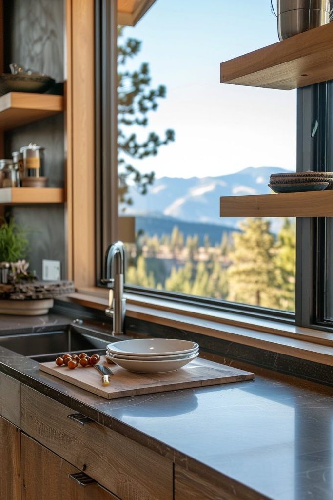 kitchen window with shelves and mountain views