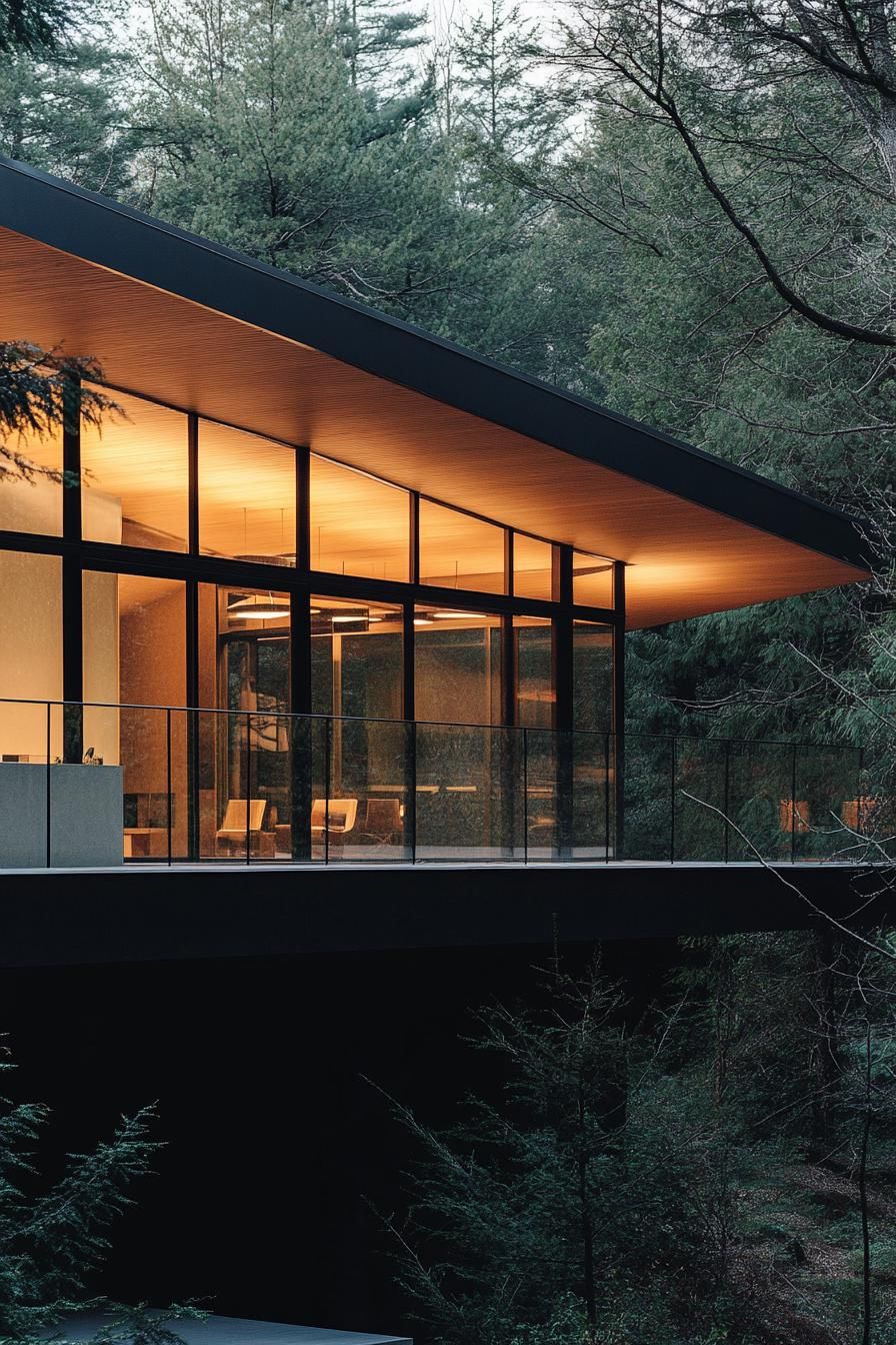 modern house on a slope with minimalist geometric facade and large windows forest views 2